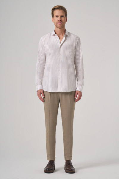 Morven Men's Beige Cotton Trend Striped Slim Fit Half Italian Collar Shirt