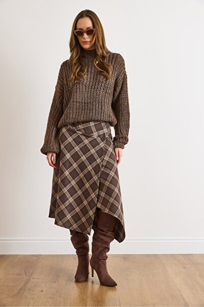 Olalook Women's Brown Plaid Wool Effect Midi Wrap Skirt Etk-19000369