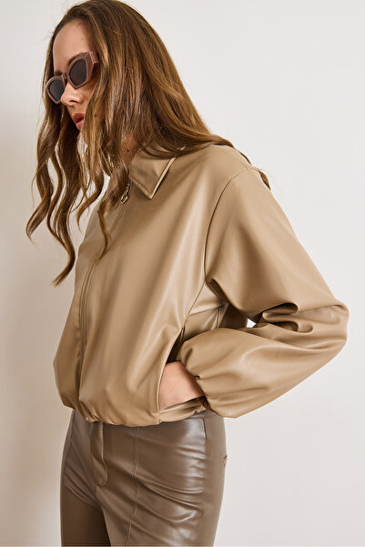 Olalook Women's Beige Lined Pocket Faux Leather Bomber Jacket Ckt-19000499