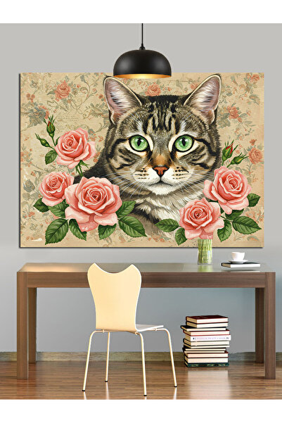 KanvasSepeti Floral Cat Υψηλής ποιότητας ελαιογραφία Με υφή Καμβάς ζωγραφικής...