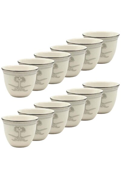 SUPPLIER Set of 12 Porcelain Tea Cups with Silver Palm Tree & Swords Design