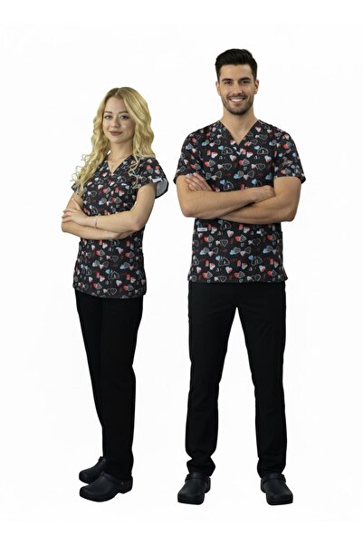 Nur Medikal Giyim زي طبي موحد للجنسين بنمط الحب باللون الأسود للأطباء البيطريين والممرضات والجراحين