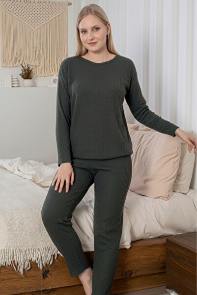Farya Home Thick Winter Interlock Stripe Long Sleeve Knitted Pajamas Set