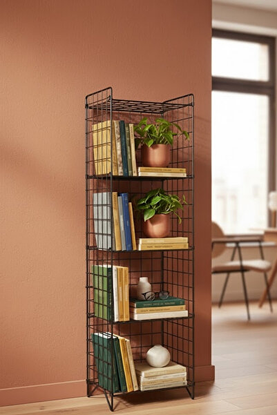 EVLE 5 Katlı Metal Tel Örgü Kitaplık Düzenleyici Raf - Çok Amaçlı Dekoratif Dikdörtgen Raf Sistemi