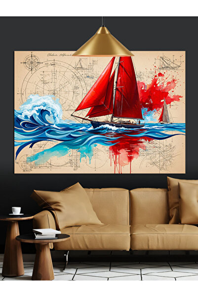 KanvasSepeti Red Sailing Boat Pictură în ulei de înaltă calitate texturat Can...