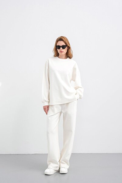 Basicpark Ecru Women's Oversized Pique Textured Wide Leg Top and Bottom Set