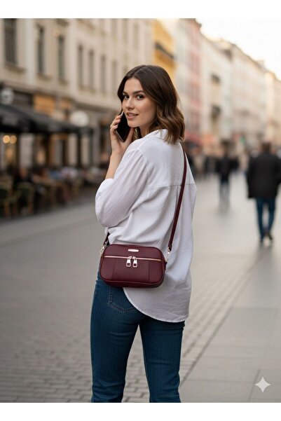 Rosmod Women's Three-Compartment Burgundy Zippered Hand and Shoulder Bag