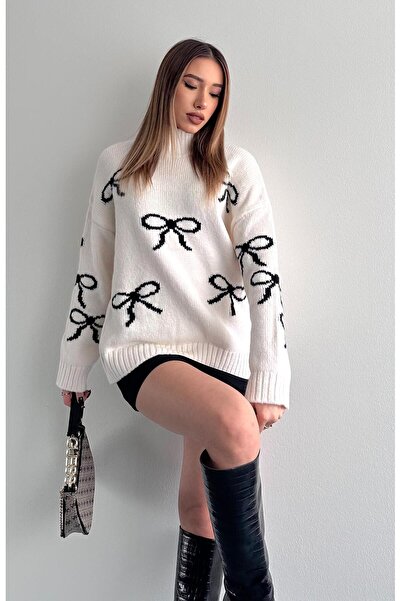 La Perla Boutique Cream Mock Neck Bow Patterned Knitwear Sweater