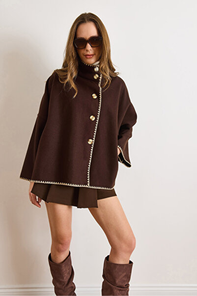 Olalook Women's Brown Pocketed Shepherd Stitched Unlined Oversized Cashmere Jacket Ckt-19000500