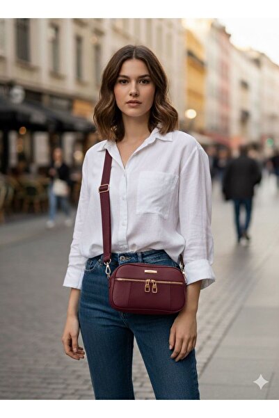 Rosmod Women's Three-Compartment Burgundy Zippered Hand and Shoulder Bag