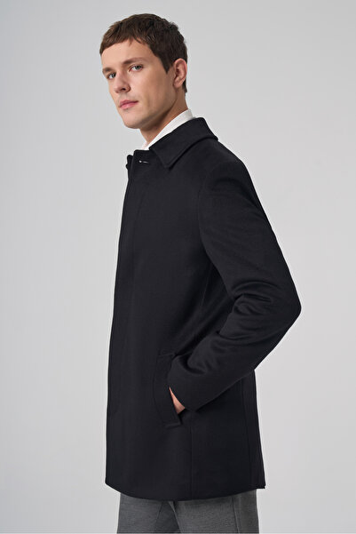 Morven Men's Black Buttoned Berber Collar Dynamic Fit Coat