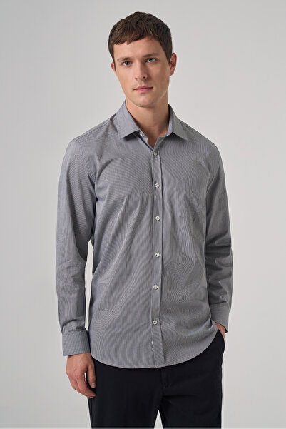 Morven Men's Black Cotton Trend Striped Regular Fit Hard Collar Shirt