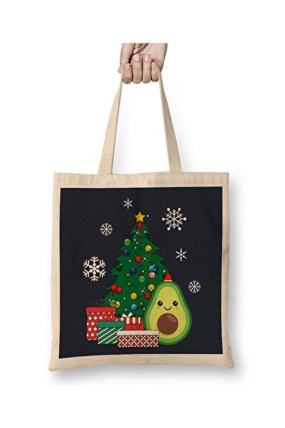 Toyaso Happy Avocado Around the Christmas Tree White Cloth Bag Long Handle Shopping Bag Beach Bag