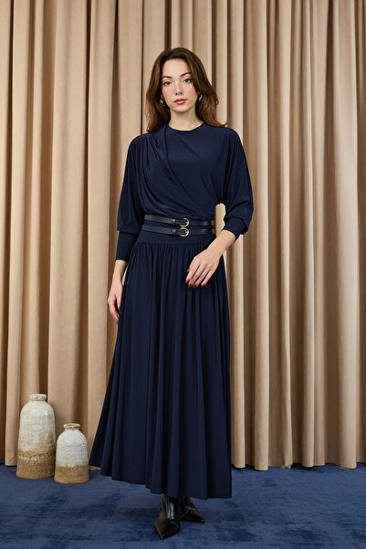 Puane Women's Drape Collar Belted Long Dress -12659Elb - Navy