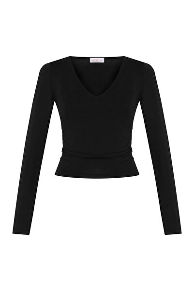 AQUELLA V-Neck Gathered Black Blouse