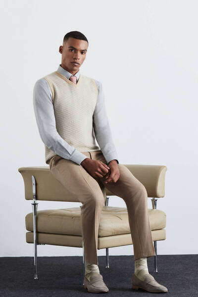 Hemington Çizgi Desen Camel Lambswool Yün Triko Süveter
