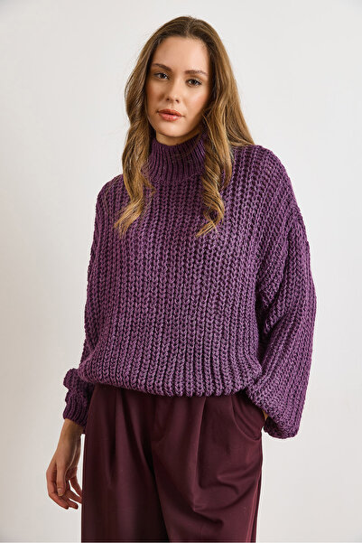 Olalook Women's Purple Mock Neck Flexible Thick Knit Sweater Kzk-19001083