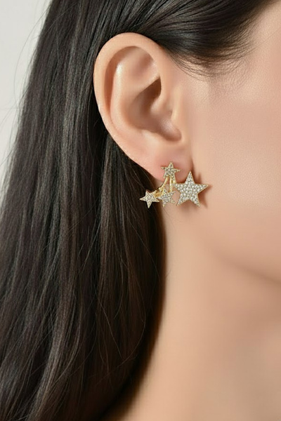 Sose Moda Multi-Star Gold Vip Earrings – Zircon Stone, Sparkling and Screw Design