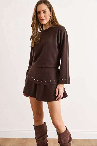 Olalook Women's Brown Staple Detailed Mini Winter Skirt with Shorts Etk-19000373