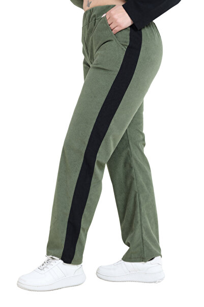 MELSAY Women's Plus Size Velvet Green-Black Color Block Tracksuit Set