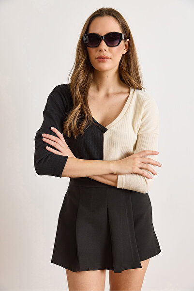 Olalook Women's Black Ecru Blocky Fleece-Lined Casual Blouse Blz-19002519