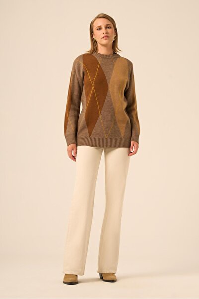 FTZ WOMEN Women's Diamond Patterned Sweater Brown 25094