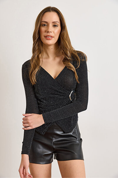 Olalook Women's Black Double-Breasted Accessory Detailed Glittery Shiny Blouse Blz-19003175