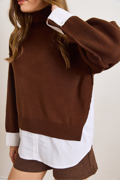 Olalook Women's Brown Shirt Detailed Mock Neck Knitwear Sweater Kzk-19001086