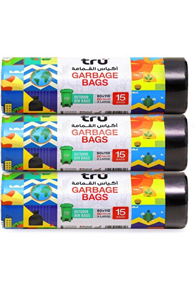 Tru ® أكياس قمامة مضغوطة رول أسود 90×110 سم 60 جالون (15 قطعة × 3 لفات) 45 كيسًا