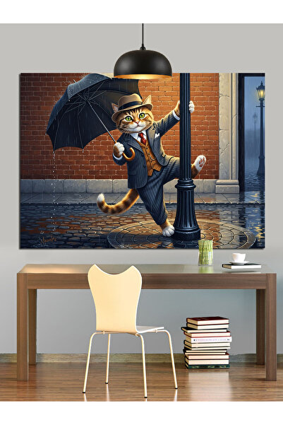 KanvasSepeti Cu umbrelă pisică Pictură în ulei de înaltă calitate texturat Ca...