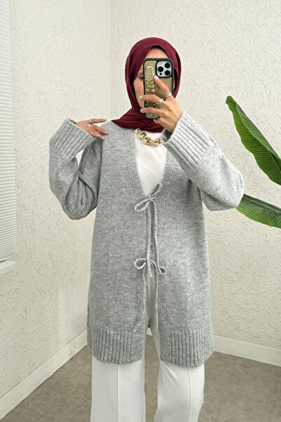 Salih Çelebi Double Tie Straight Cut Knitwear Cardigan 07307 - Gray