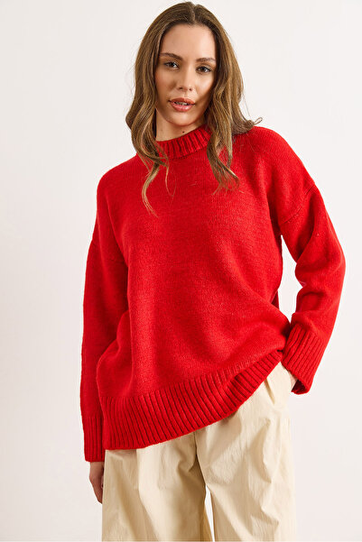 Olalook Women's Red Crew Neck Thick Wick Detail Oversized Knitwear Sweater Kzk-19001088