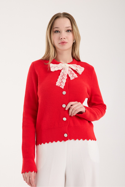 İLKCET MODA Red Christmas Stretchy Knit Cardigan with Ribbon Detail