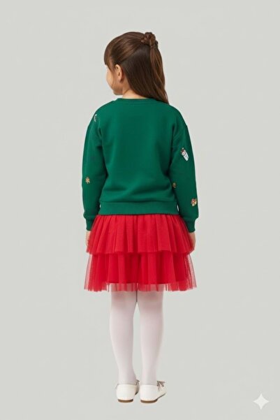 wakawakakidsstore Green'Ohohoh' Printed Girl's Set with Red Tulle Skirt