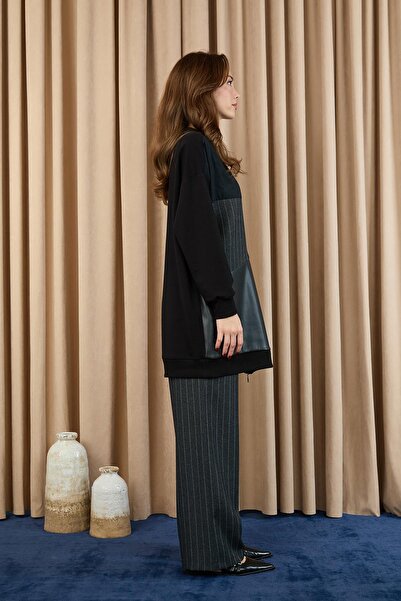 Puane Women's Leather Paneled Striped Double Suit -14404Tks - Black-Anthracite