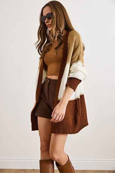Olalook Women's Camel Brown Color Block Glitter Detailed Oversized Knitwear Cardigan Hrk-19000443