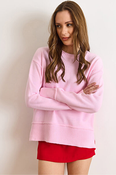 Olalook Women's Pink Cuff Skirt Detailed Crew Neck Knitwear Sweater Kzk-19001087