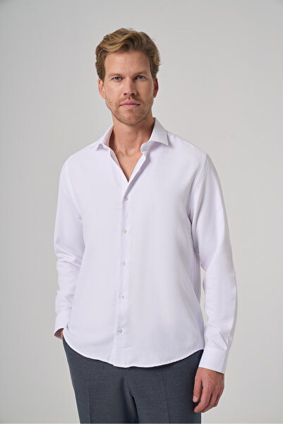 Morven Men's White Polyester Trend Patterned Dynamic Fit Italian Collar Shirt