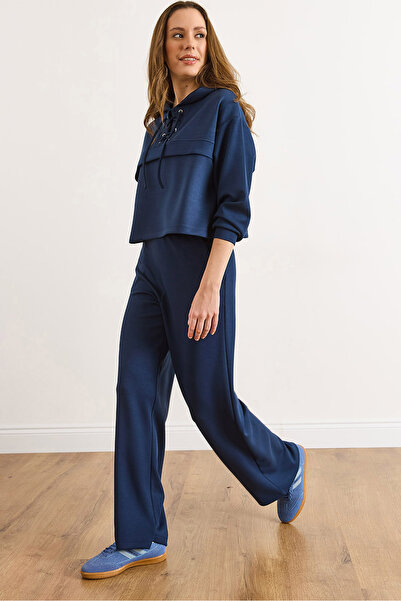 Olalook Women's Navy Blue Eyelet Detailed Top Pocket Bottom Tracksuit Set Etkm-0000090