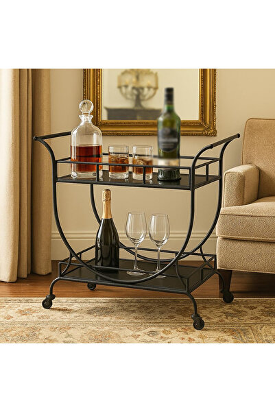 genric عربة بار FFD ذات مستويين مع أرفف زجاجية سوداء، إطار معدني ملحوم 1.3 سم، أسود غير لامع، 80 سم