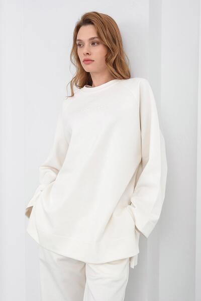 Basicpark Ecru Women's Embroidery Detailed Oversized Pique Textured Wide Leg Top and Bottom Set