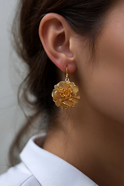 NYR Gold Silver Çiçek Desenli 22 Ayar Altın Kaplama Gümüş Küpe – Fransız Kili...