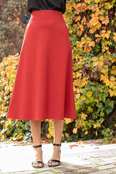 Jument Women's High Waist Stylish Fabric Midi Length Below Knee Kilos Bell Skirt with Pockets - Red