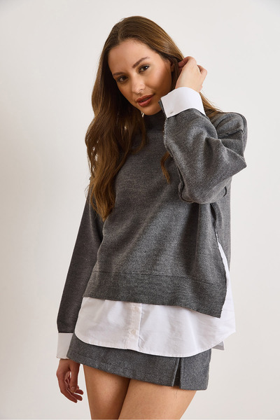 Olalook Women's Smoked Shirt Detailed Mock Neck Knitwear Sweater Kzk-19001086