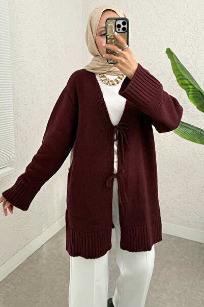 Salih Çelebi كارديجان تريكو بقصة مستقيمة وربطة مزدوجة 07307 - أحمر داكن
