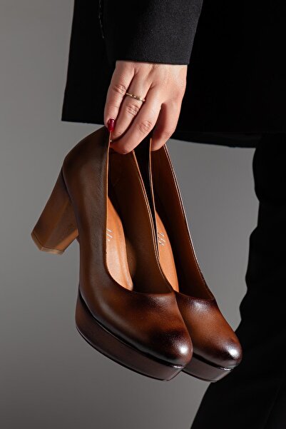 ALPELLİByAlp Women's Tan Genuine Leather Premium Design Low-Cut Low Platform Heeled Shoes