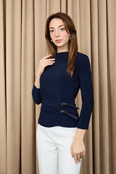 Loreen Women's Belt Detailed Blouse -20721Blz - Navy