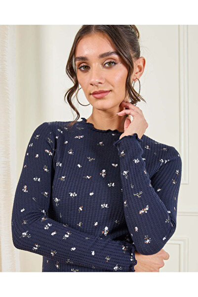 REDTAG Women Navy Printed Rib Top