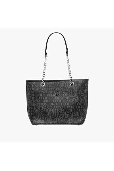United Colors of Benetton UCB Monogram Print Tote Bag with Chain Strap