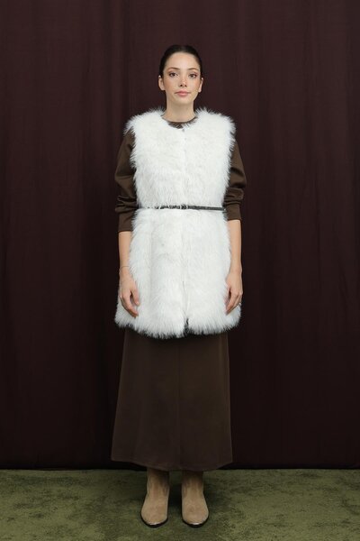 Puane Women's Belted Lolita Fur Vest - 15223Ylk - Ecru